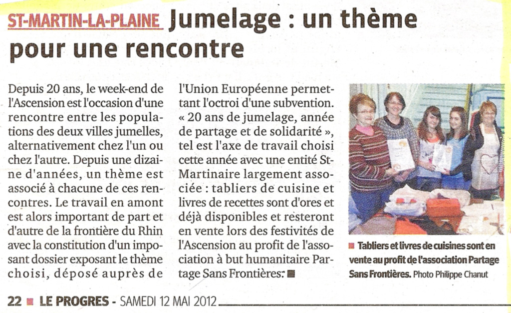 Article du Progrès de Lyon du 12 mai 2012, annon&ccedil;ant les festivités des 20 ans de jumelage entre Igensdorf et Saint-Martin la Plaine